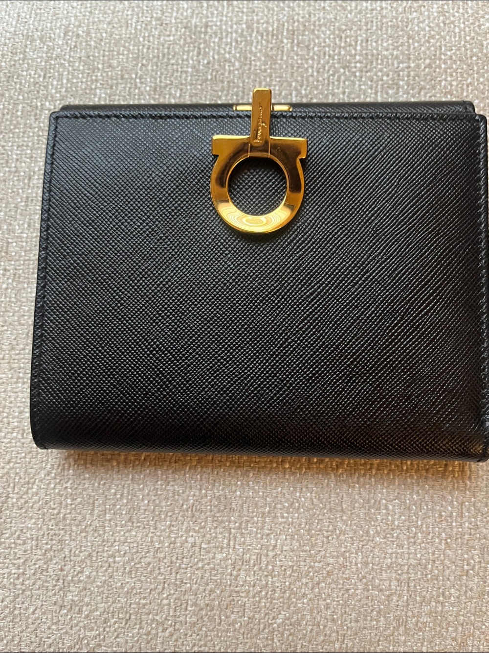 Salvatore Ferragamo Black Saffiano Leather Card Holder with Gold Logo